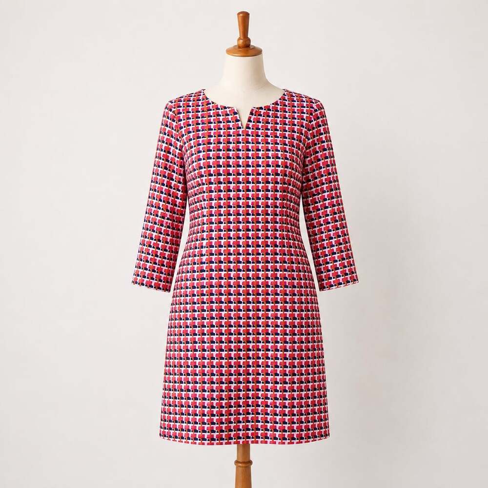 J. McLaughlin Large Geometric Print Shift Dress Pink Orange Navy 3/4 Sleeve